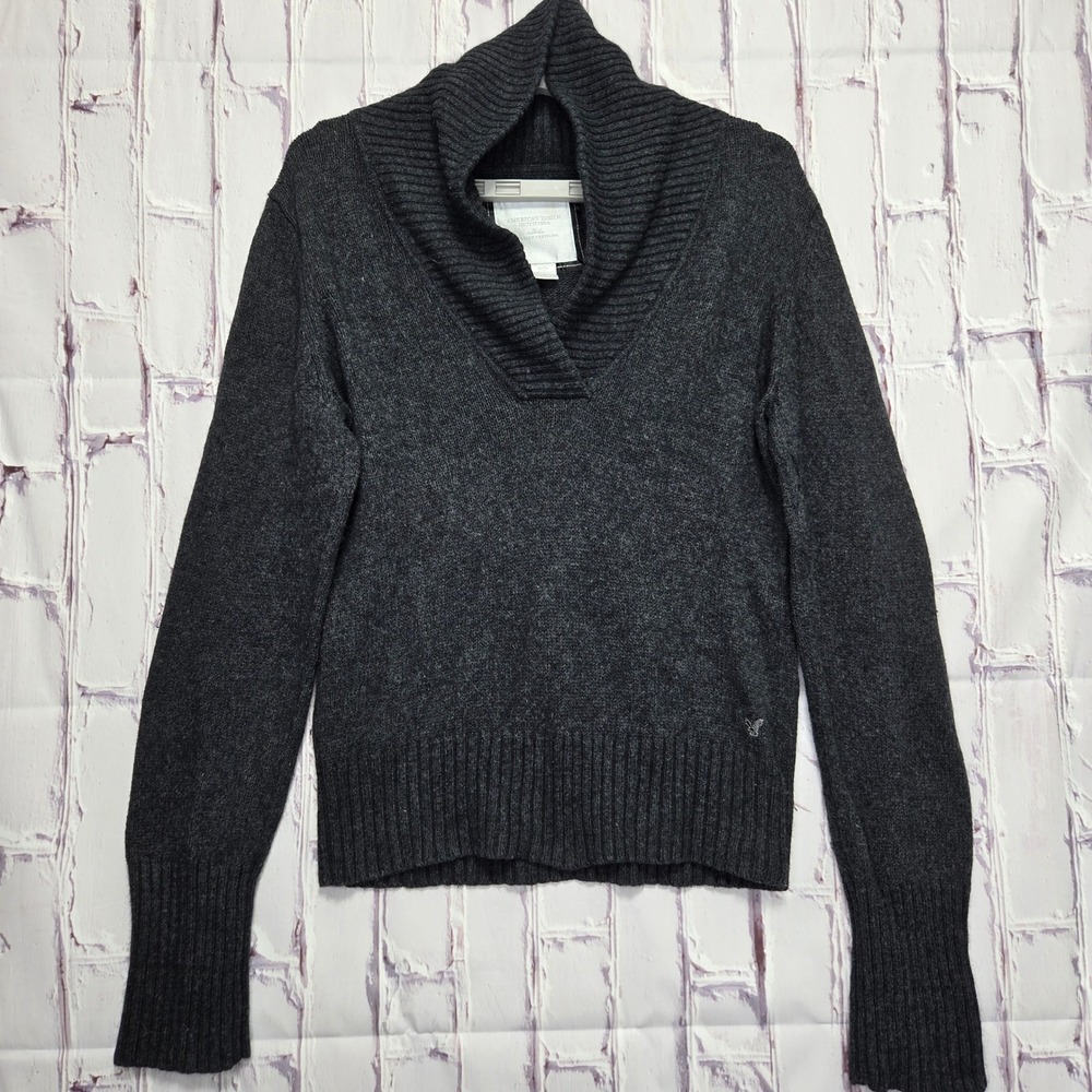 American Eagle Womens Shawl Collar Pullover Sweater Dark Gray Cotton Blend XS